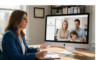 A woman conducts a virtual counseling session with a concerned family on screen.