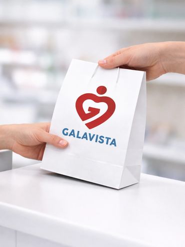 A white paper bag with the Galavista logo being handed over on a counter.