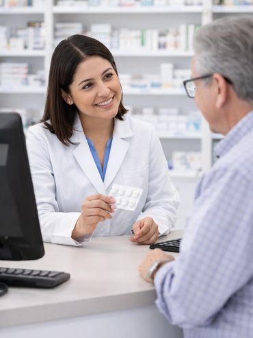 Pharmacist smiling and explaining medication to an elderly man.