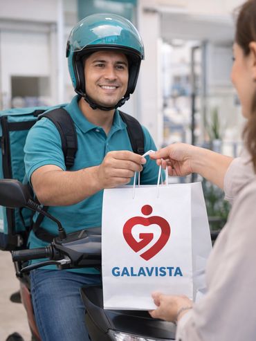 Smiling delivery man handing over a Galavista shopping bag to a customer.
