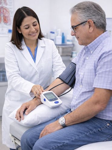 Female doctor measuring blood pressure of an elderly man in a clinic.