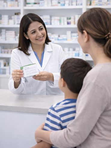 Pharmacist explaining medication to a mother and her child at a pharmacy counter.