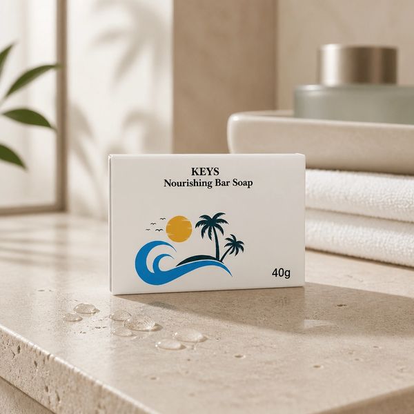 Bar soap with tropical design on a bathroom countertop.