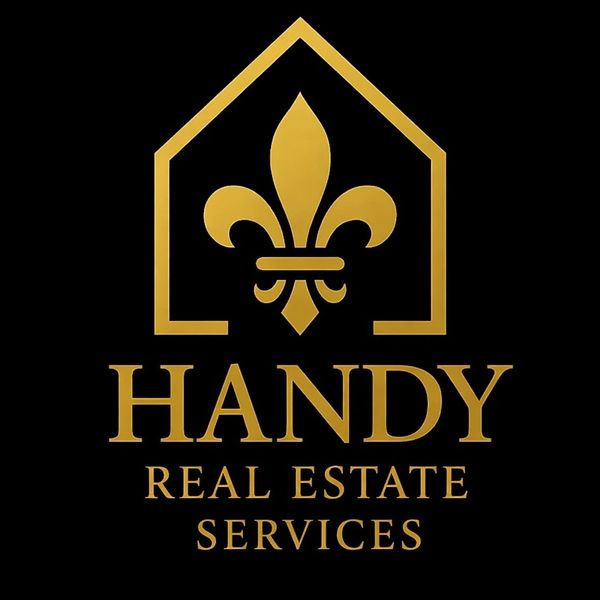 Elegant gold logo for Handy Real Estate Services with a fleur-de-lis inside a house outline.
