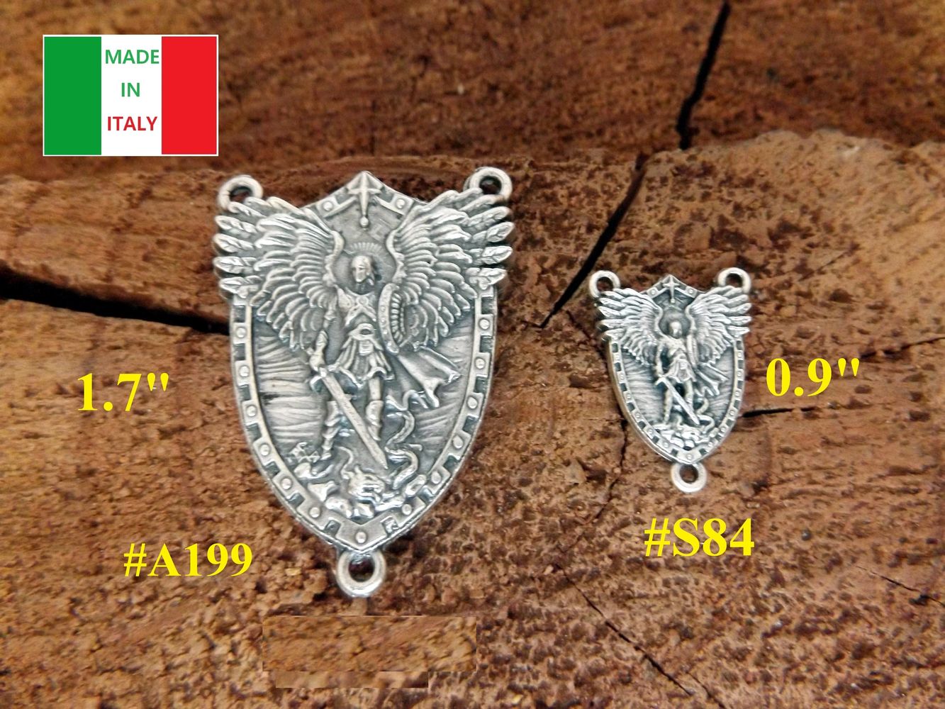 Genuine Silver Oxidized Saint Michael the Archangel Shield Shaped Centerpiece, made in Italy