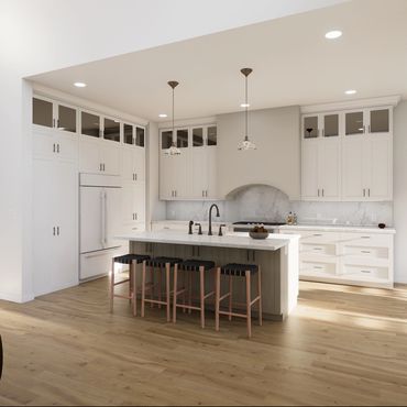 Bright modern kitchen with white cabinetry, marble countertops, and wooden stools at the island.