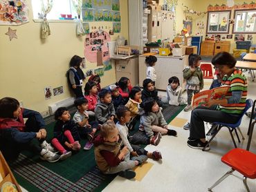 children listening and focusing on story time which is read by the teacher