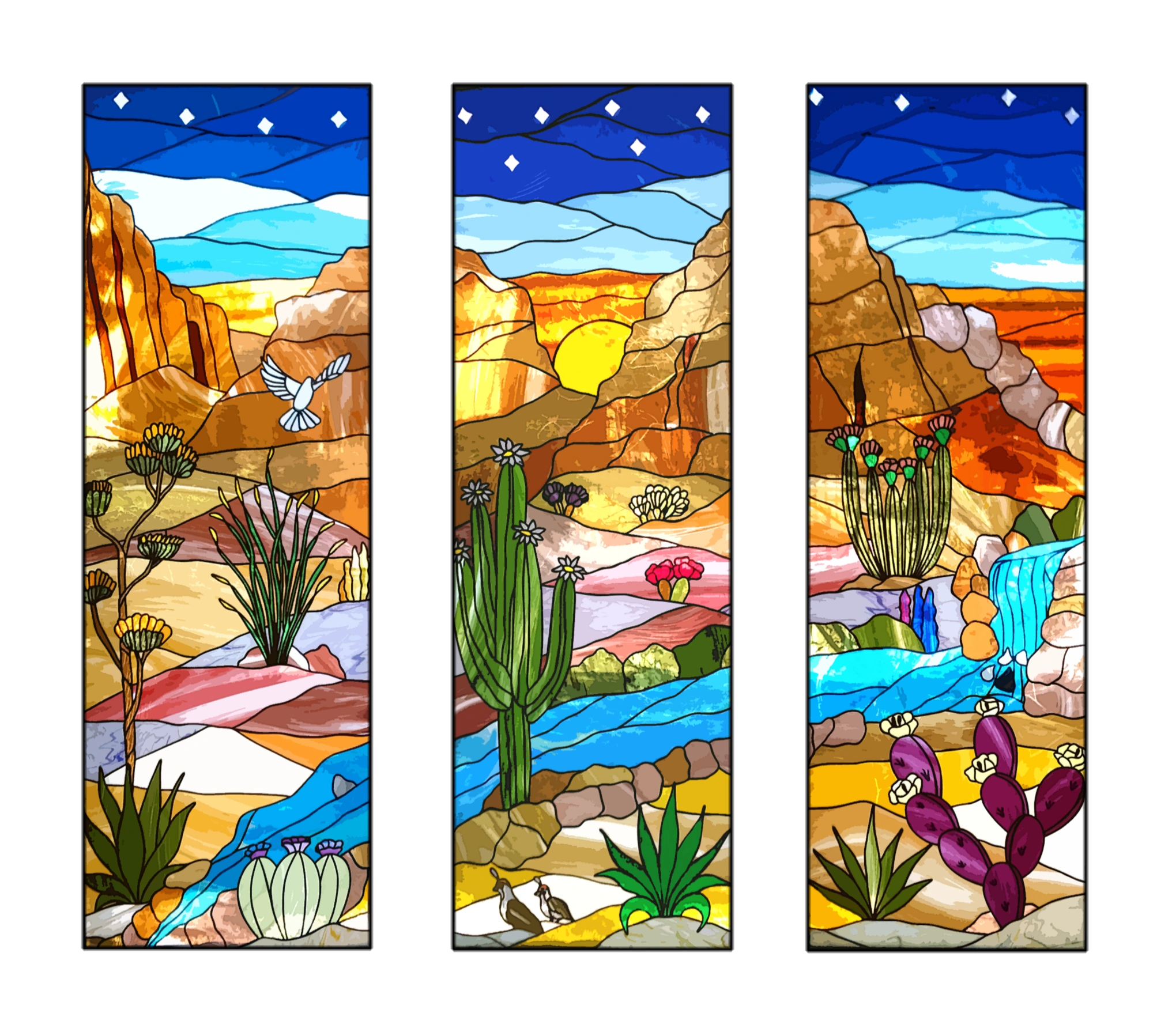 Stained glass windows depicting a Sonoran desert sunrise with a white dove taking flight.