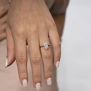 Close-up of a hand wearing an elegant oval diamond ring.