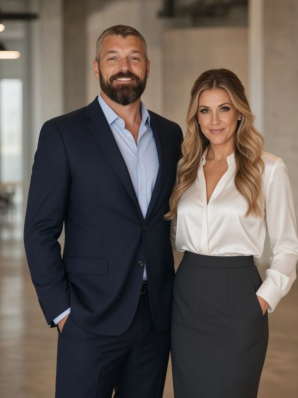 Man and woman dressed in business attire smiling.