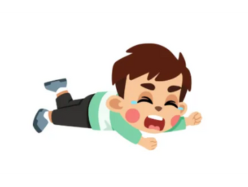 A cartoon boy crying and lying face down on the ground.