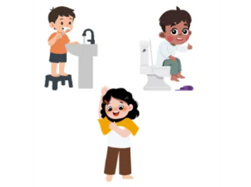 Illustration of kids washing hands, using toilet, and thinking.