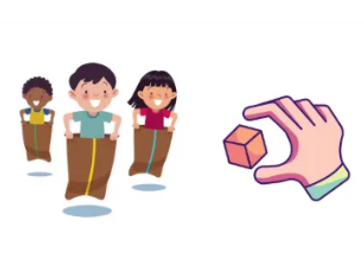 Children participating in a sack race with a hand holding a small cube.