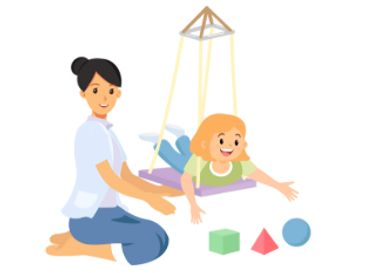 Therapist helping child with sensory integration therapy using a suspension swing.