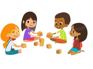 Four children joyfully playing with wooden blocks in a circle.