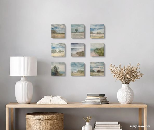 On trend art: 4 x 4 inch original watercolor paintings by Mary Lanka in contemporary setting.