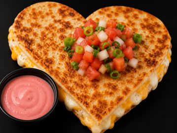Heart-shaped grilled cheese sandwich topped with salsa and a side of pink sauce.