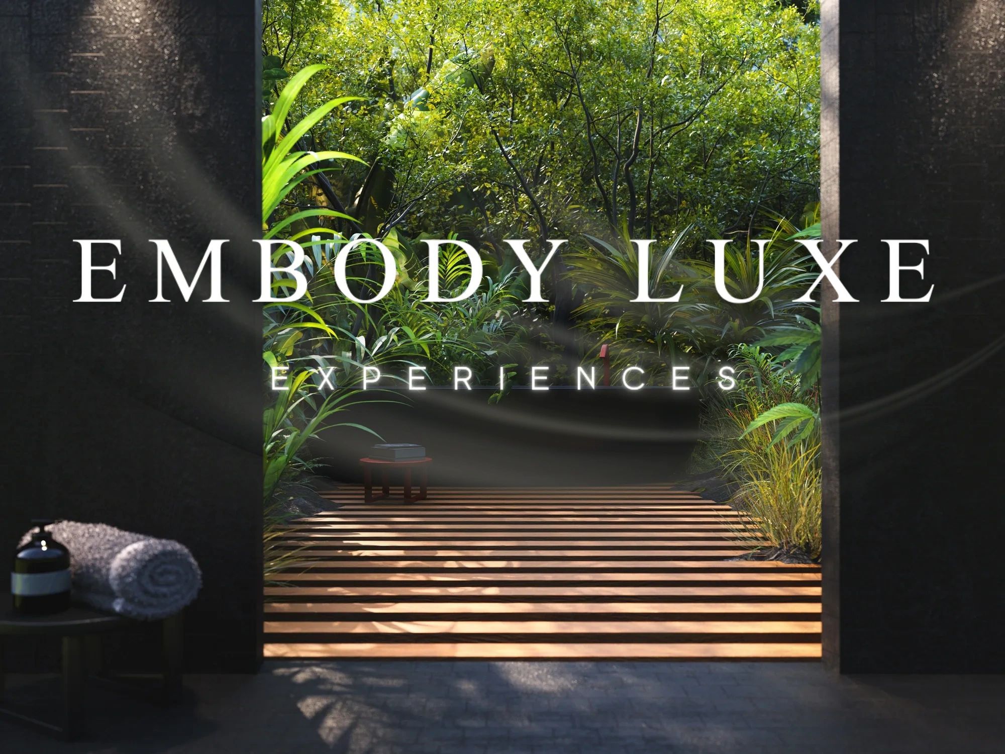 Tranquil spa entrance with lush greenery and soft wooden slats.