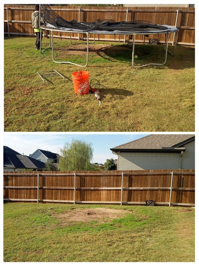 Before and after of a trampoline Removal in Fort Worth Texas