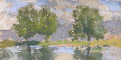 Pastell painting featuring trees by a pond by Mary Padgett