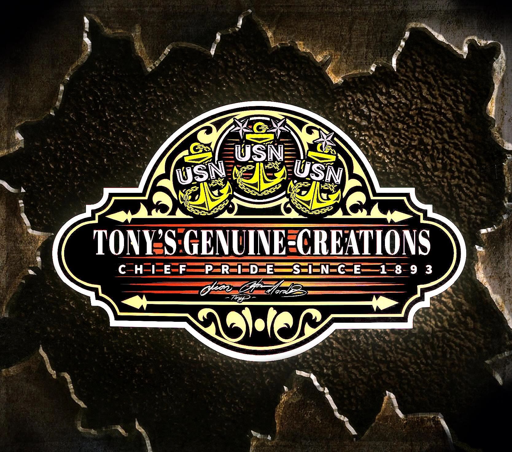 Logo for Tony's Genuine Creations with US Navy emblems and a vintage design.