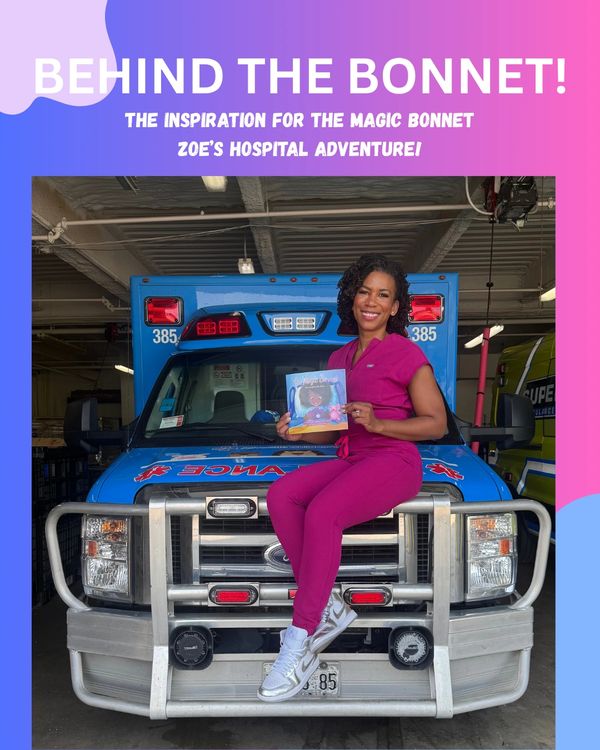 Woman in pink scrubs sitting on an ambulance holding a children's book.