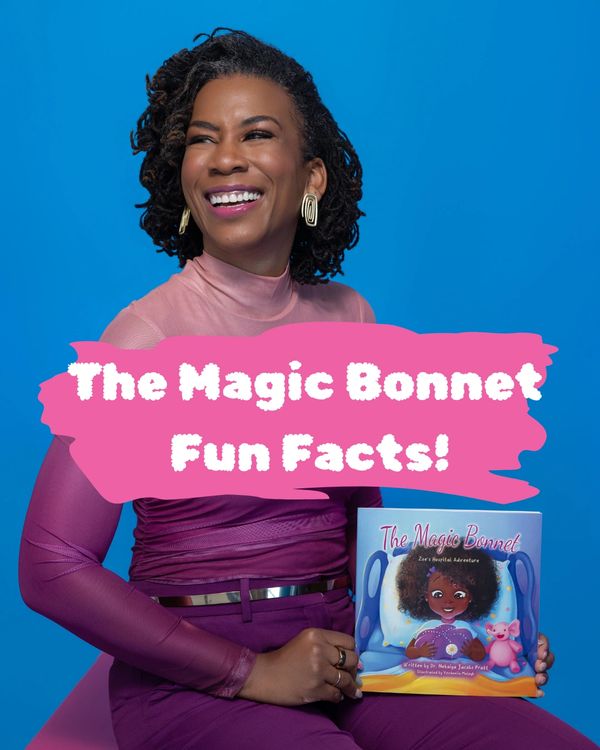 Woman smiling and holding a children's book titled The Magic Bonnet.