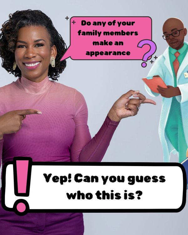 Woman pointing at a cartoon doctor with a speech bubble asking about family members.