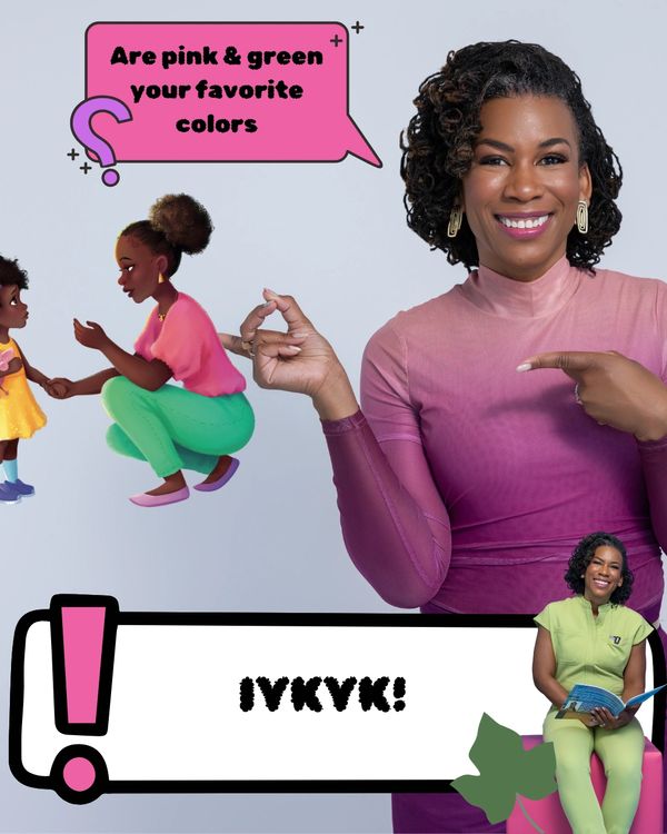 Woman in pink asks if pink and green are favorite colors with cartoon figures.