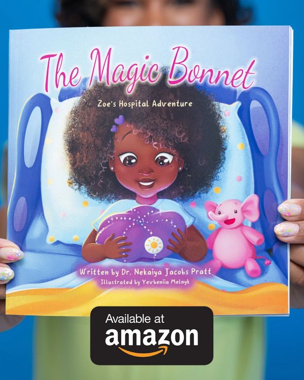 Children's book cover featuring a smiling girl in bed holding a purple bonnet, with a pink elephant toy beside her.