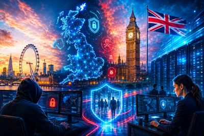 Cybersecurity battle in the UK with hackers and defenders amid London landmarks.