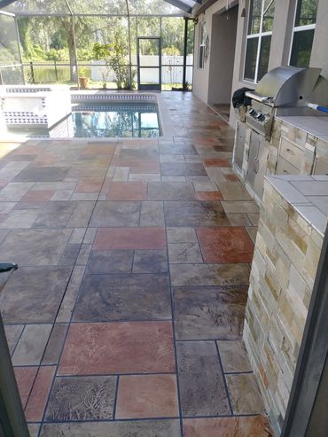 A pool deck with a custom design