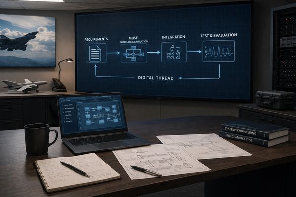Engineering workspace with digital thread process displayed on a large screen.
