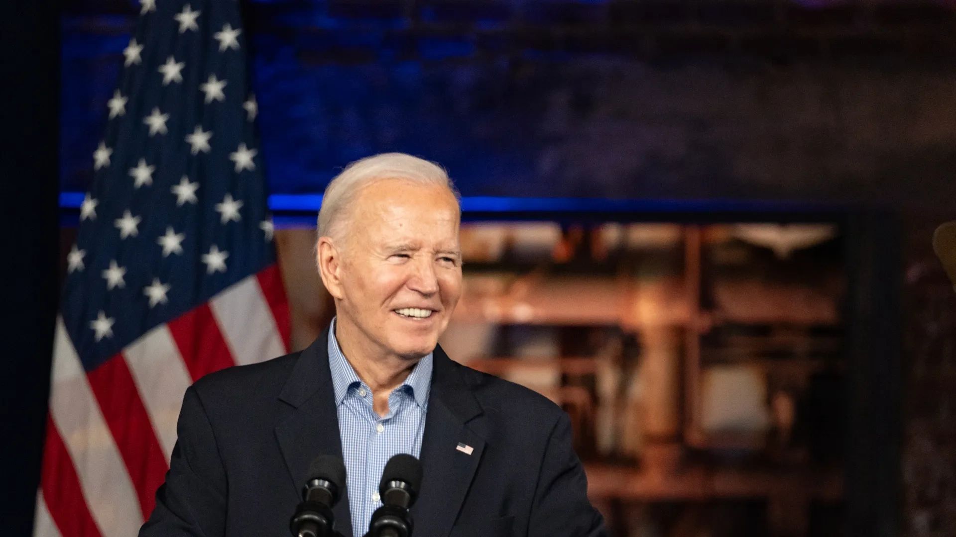 President Joe Biden speaks at a campaign event at Pullman Yards Photo: Megan Varner/Getty Images