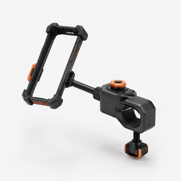Black and orange adjustable bike phone mount with clamp.