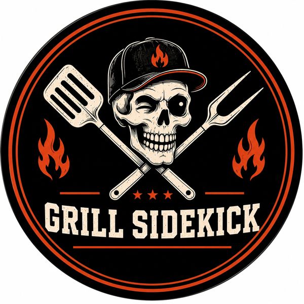 Skull with grilling tools and flames logo for Grill Sidekick.