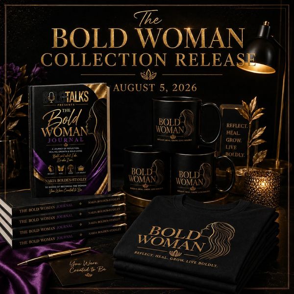 The Bold Woman Collection release set with journal, mugs, and shirts.