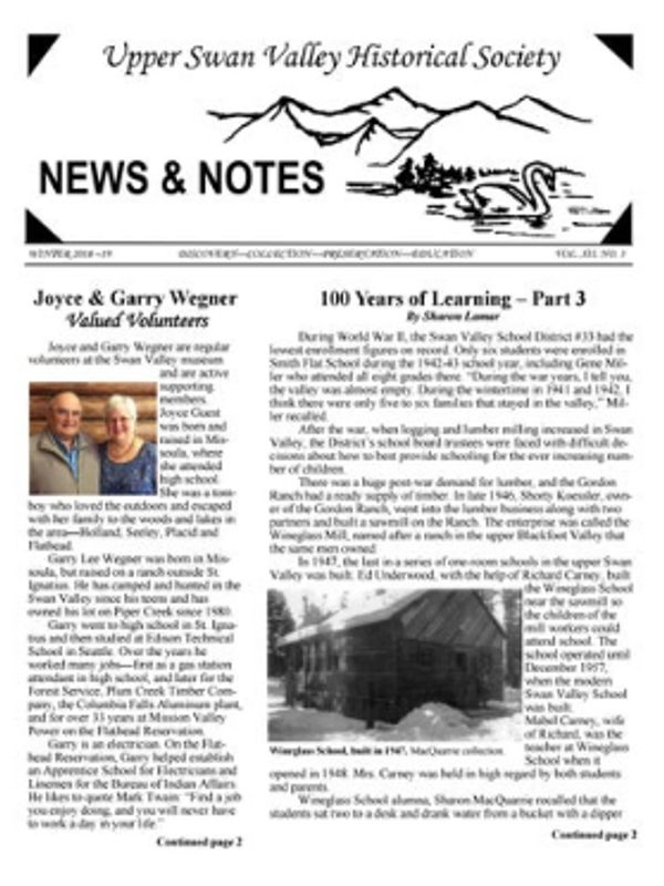 Cover of Winter 2018-19 USVHS newsletter