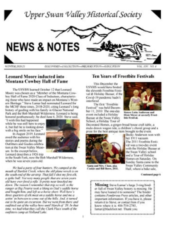 Cover of Winter 2020-21 USVHS newsletter