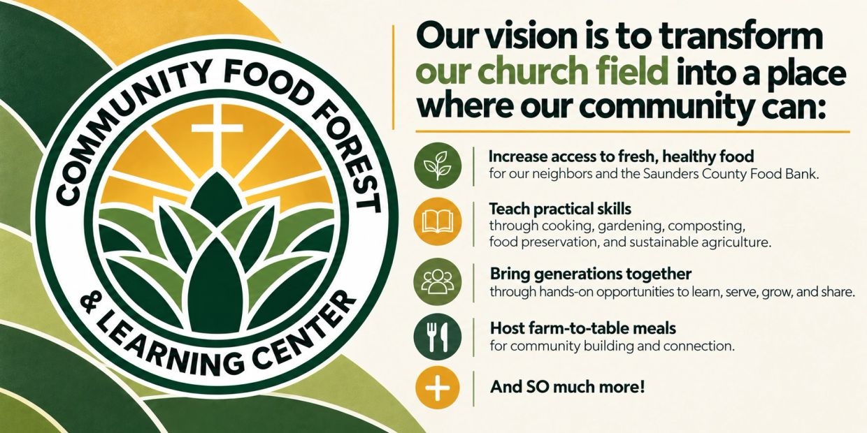 Community Food Forest vision to transform church field for fresh food access and community growth.