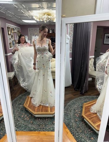 Bride having a fitting in our Parlour studio at Fitted Stitches in Cleveland, southeast Tennessee