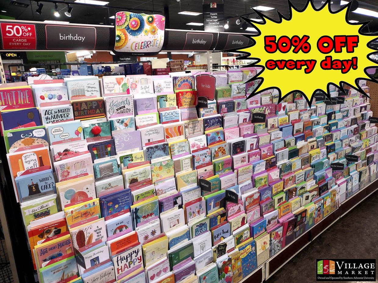 Birthday cards on sale with 50% off every day.