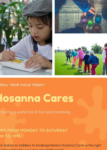 Here in Hosanna Cares Daycare your child will be cared for and treated with love and respect.