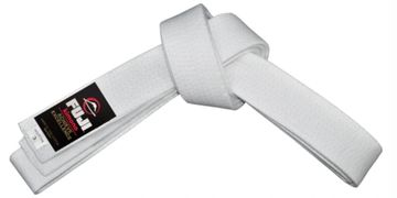 A neatly folded white martial arts belt with a label.