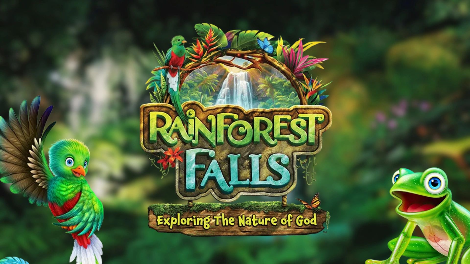 Colorful rainforest animals with a waterfall logo.