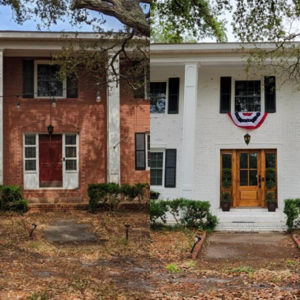 Before and after image of a professionally painted home in Brunswick County, NC.