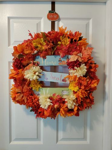 Homemade Fall harvest wreath - Home Sweet Home with faux flowers and worded board to give this a fin