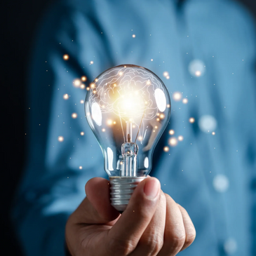 Hand holding a glowing light bulb with a brain inside, symbolizing ideas.
