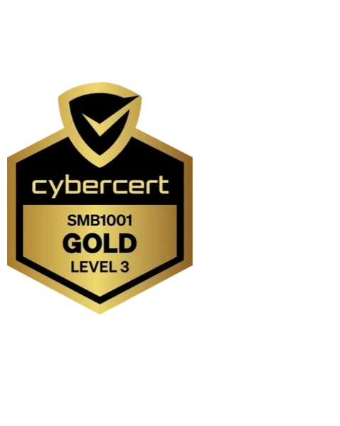 CyberCert Gold Level 3 SMB1001 certification badge in gold and black.
