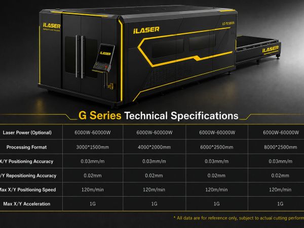 Industrial iLASER G Series laser cutting machine with specifications.